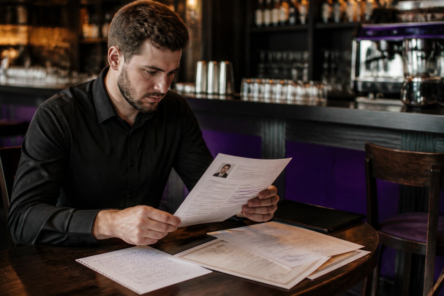 Barkeeper-Bewerber prüft Lebenslauf, Zertifikate und Sprachnotizen neben einer professionellen Bar