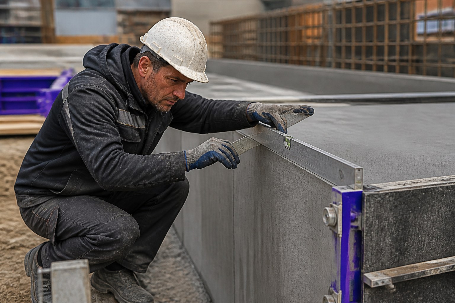 Betonbauer prüft die Ausrichtung und Oberfläche eines neu vorbereiteten Betonbauwerks