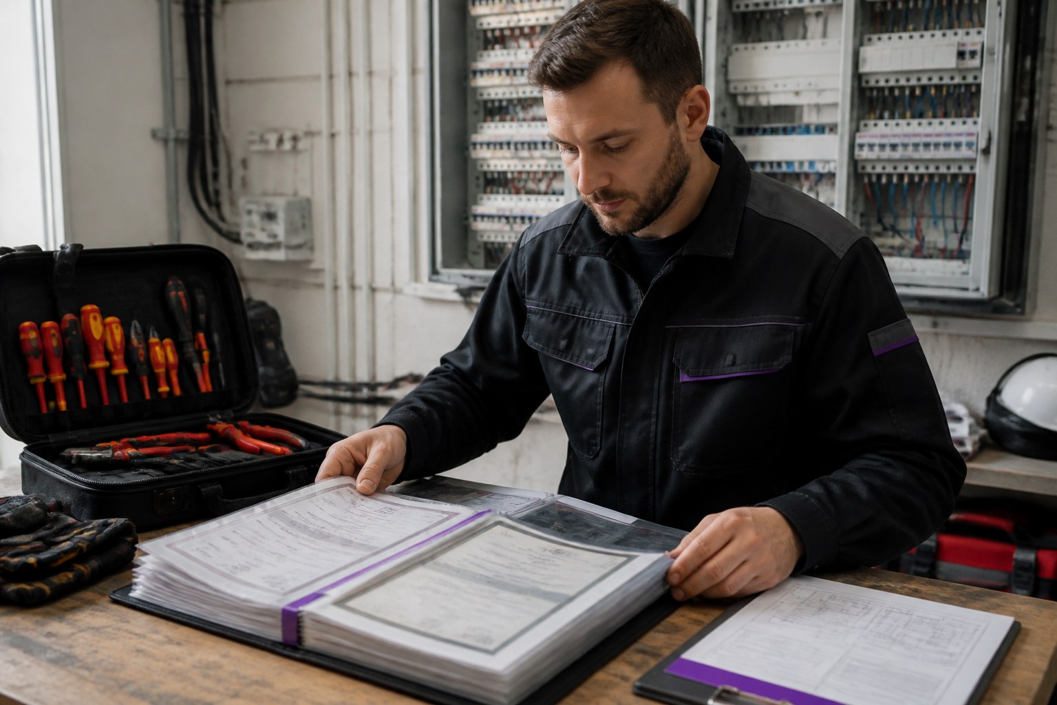 Elektriker prüft geordnete Qualifikationsnachweise und einen technischen Arbeitsnachweis