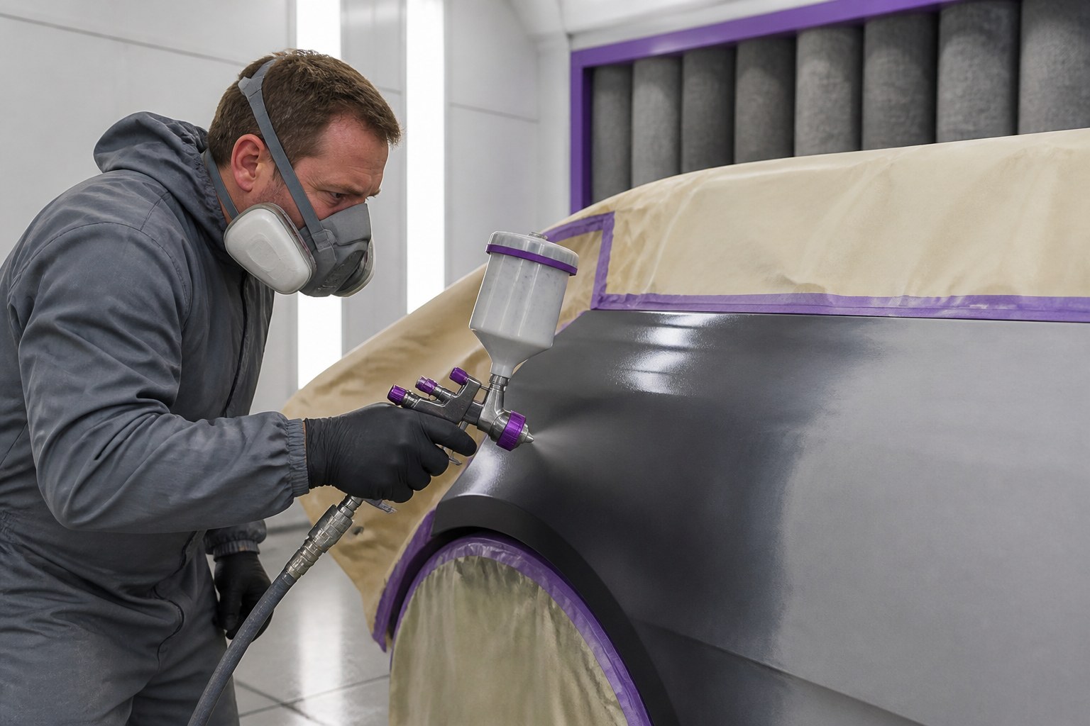Fahrzeuglackierer trägt eine kontrollierte Beschichtung auf ein vorbereitetes Karosserieteil auf