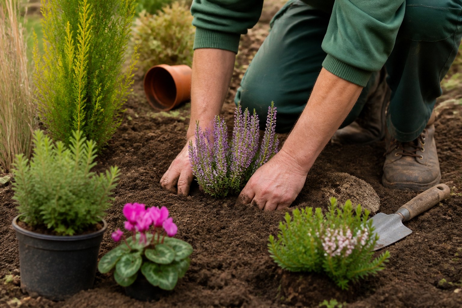 Gärtner pflanzt und pflegt Vegetation in vorbereitetem Boden mit Schnittwerkzeugen