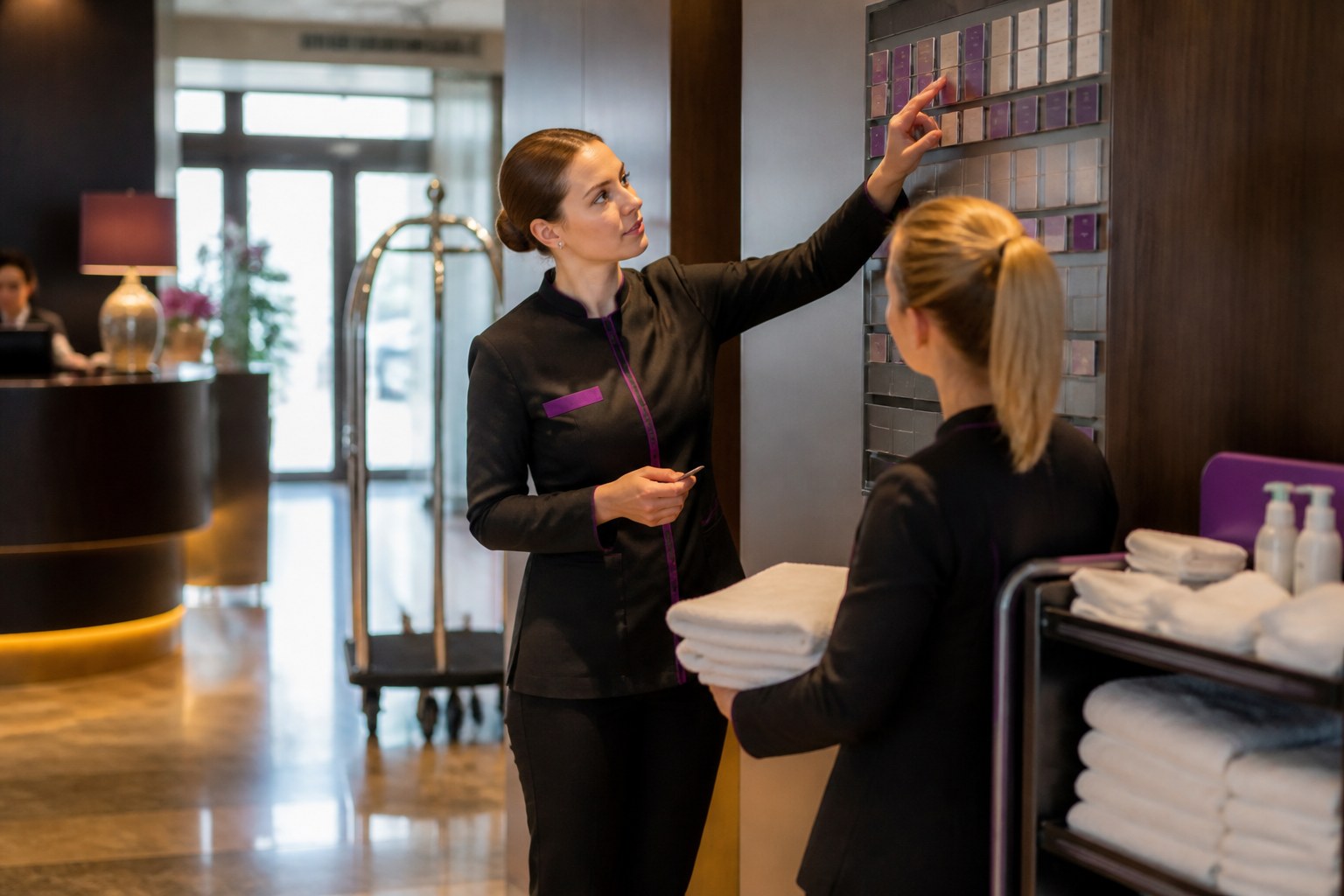 Hotelfachkraft koordiniert tägliche Abläufe in einem Gästebereich