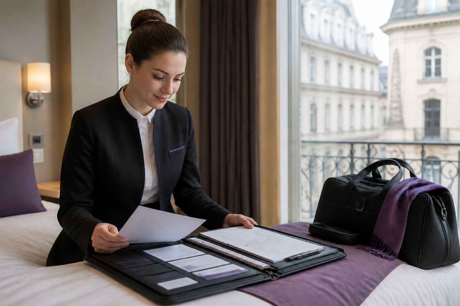 Hotelfachkraft ordnet Zertifikate und Beschäftigungsnachweise für eine Arbeit in Deutschland