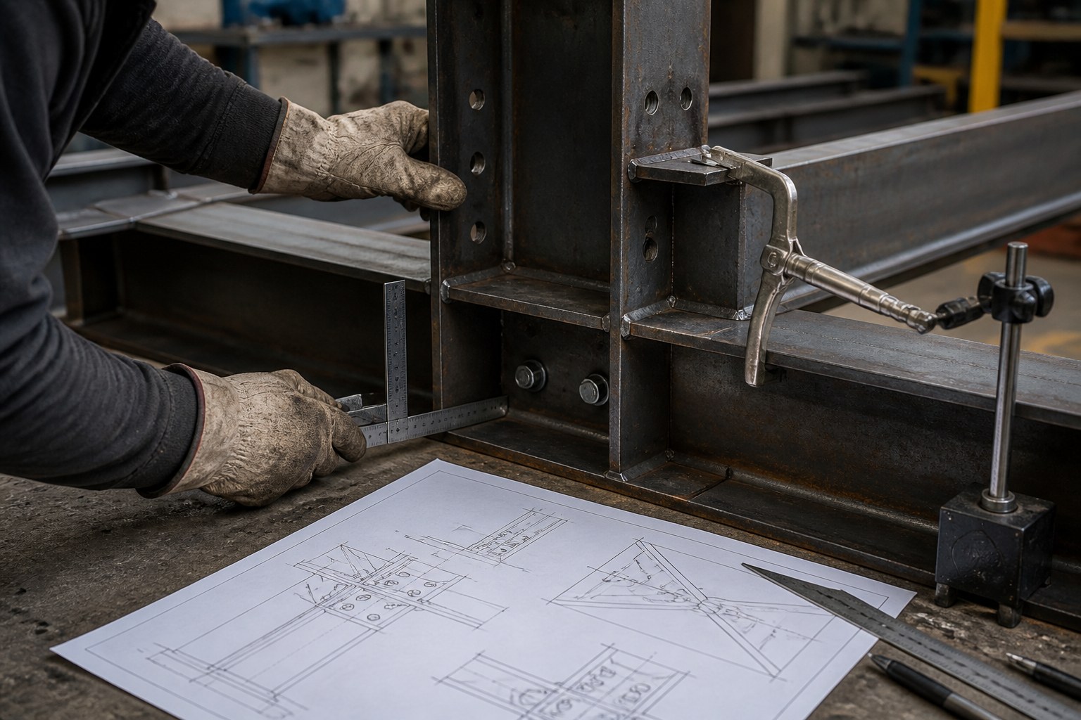 Handschuhe tragender Konstruktionsmechaniker prüft die Ausrichtung von Stahlprofilen neben einer technischen Zeichnung