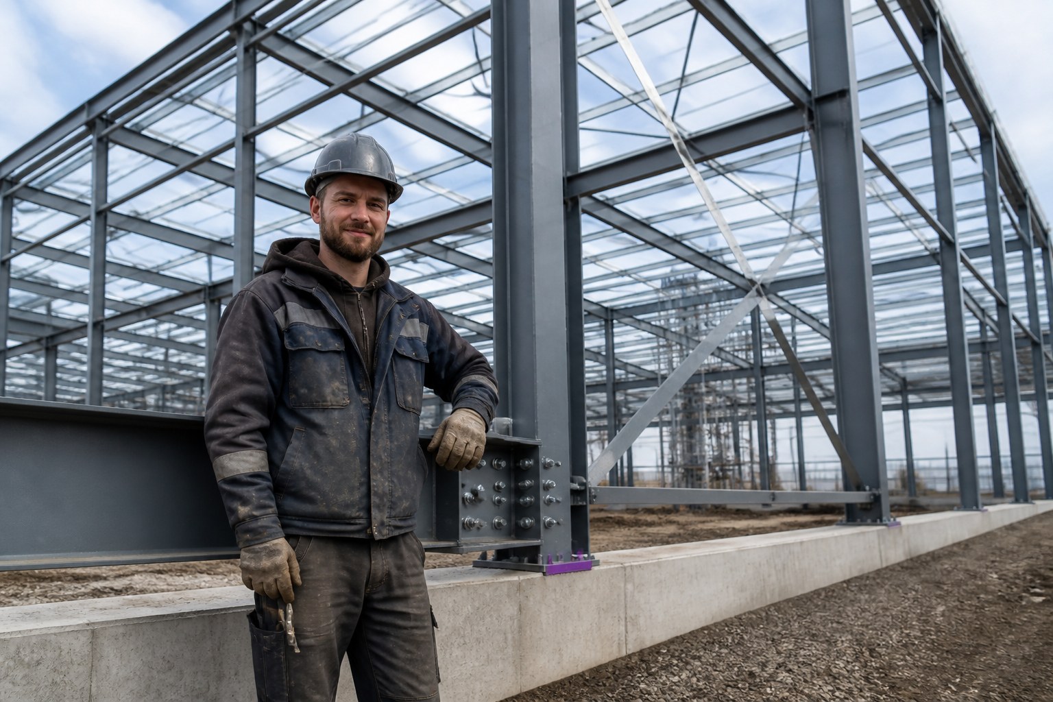 Qualifizierter Konstruktionsmechaniker neben einem fertiggestellten Stahlrahmen in Deutschland