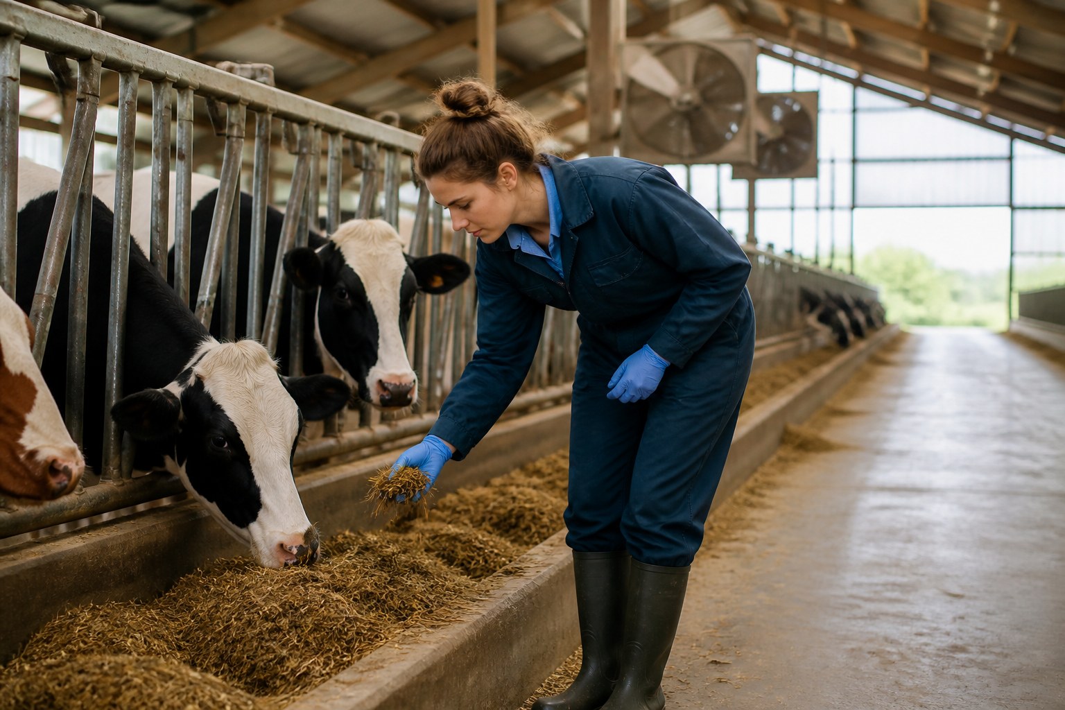 Landwirtschaftlicher Mitarbeiter bei der Kontrolle von Futter und Tieren in einem Tierhaltungsbetrieb