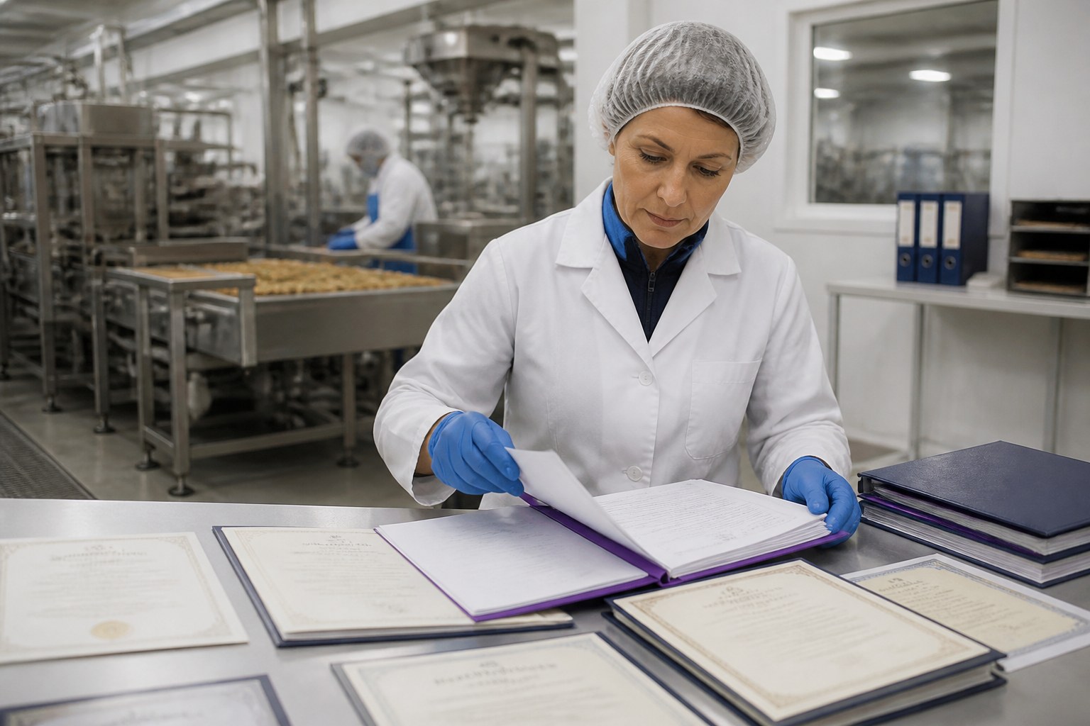 Qualitätsprüfer für Lebensmittel bei der Vorbereitung von Qualifikationsdokumenten neben einer Produktionsumgebung