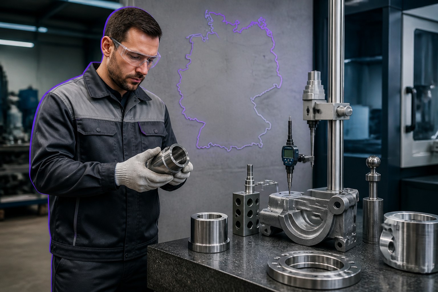 Qualifizierter Qualitätsprüfer für Metall neben einer Prüfstation mit Deutschland im Hintergrund