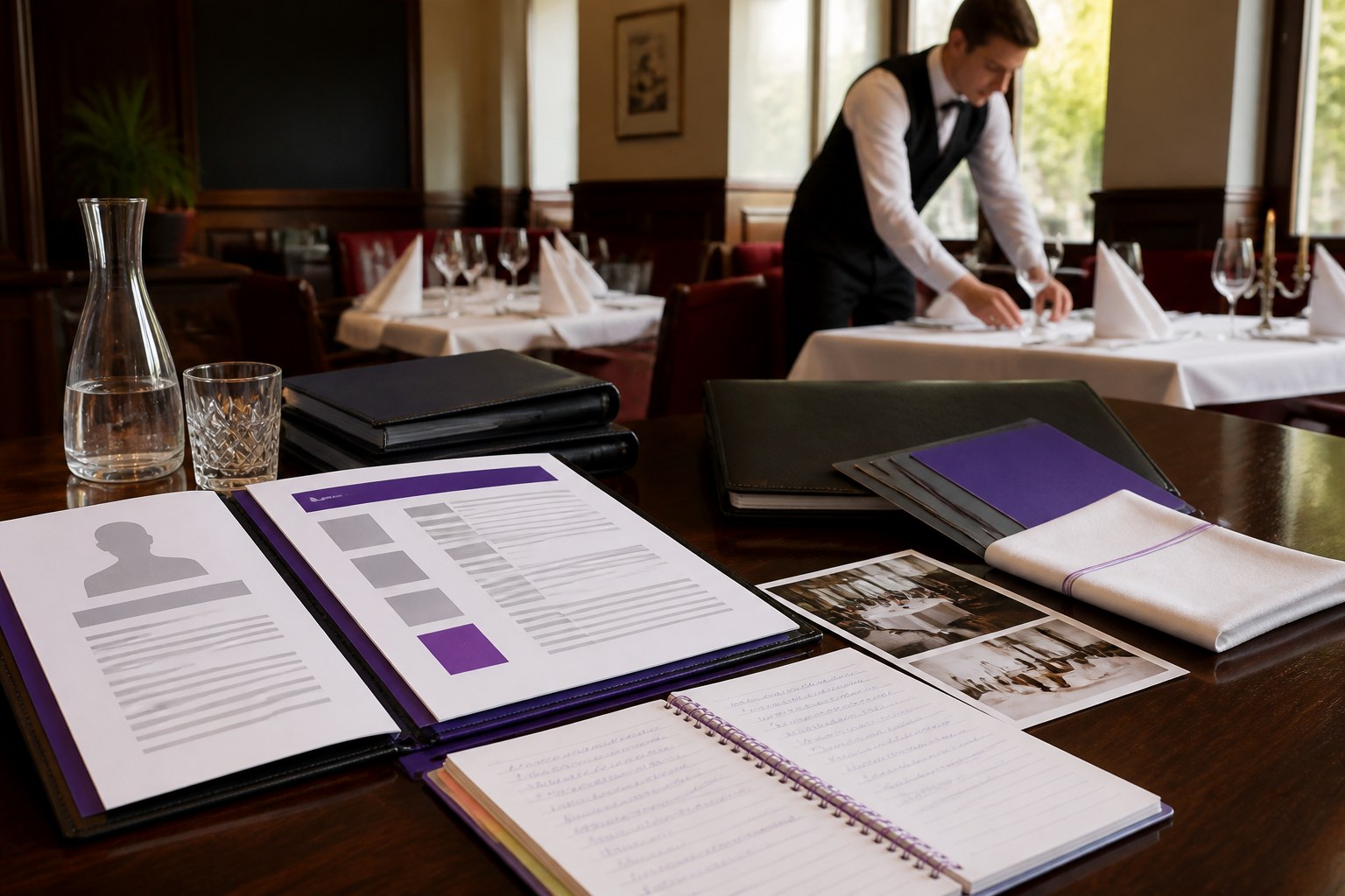 Organisiertes Bewerbungsportfolio einer Restaurantfachkraft mit Lebenslauf, Zertifikaten und Sprachnotizen