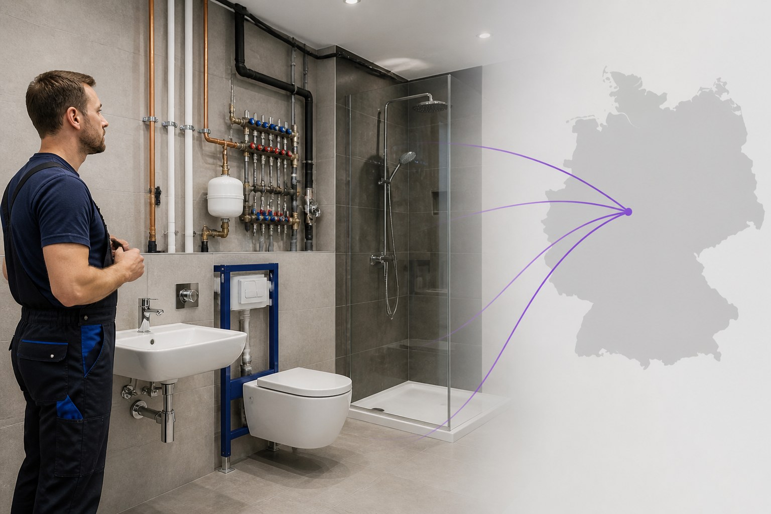 Qualifizierter Sanitärinstallateur prüft eine fertige Installation mit Deutschland-Silhouette