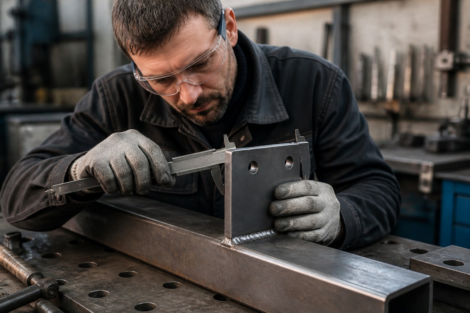 Metallarbeiter prüft eine fertige Metallverbindung mit einem Präzisionsmesswerkzeug