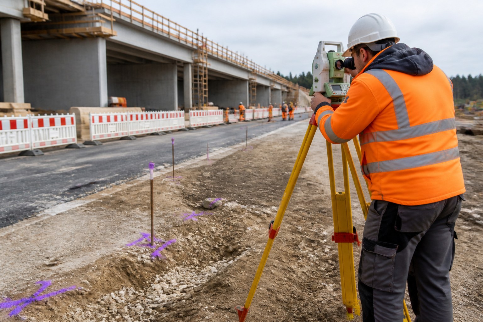 Tiefbau-Fachkraft führt eine Vermessung im Straßenbau durch