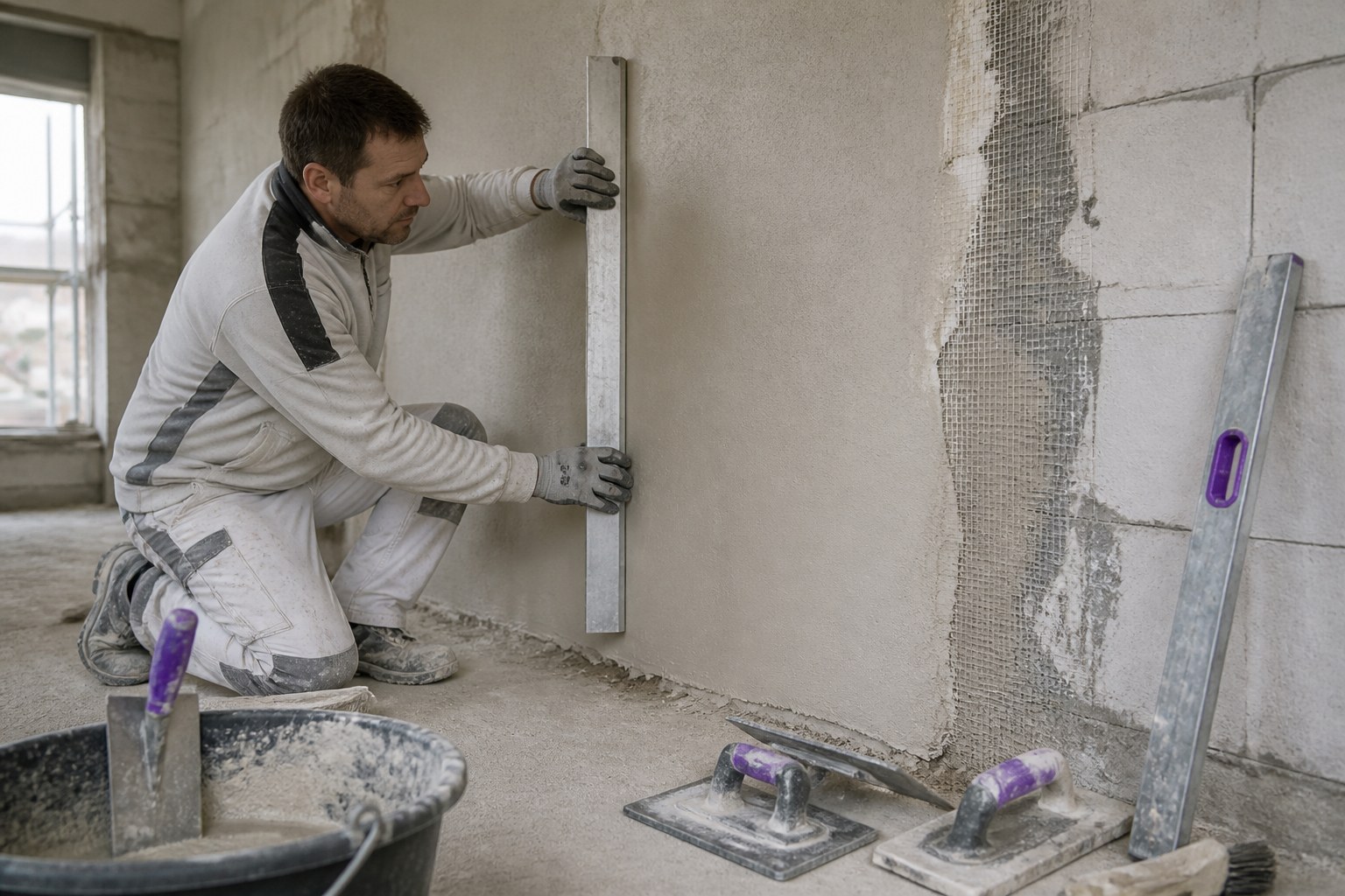 Verputzer prüft die Ebenheit einer fertigen Oberfläche neben Putzwerkzeugen und Materialien